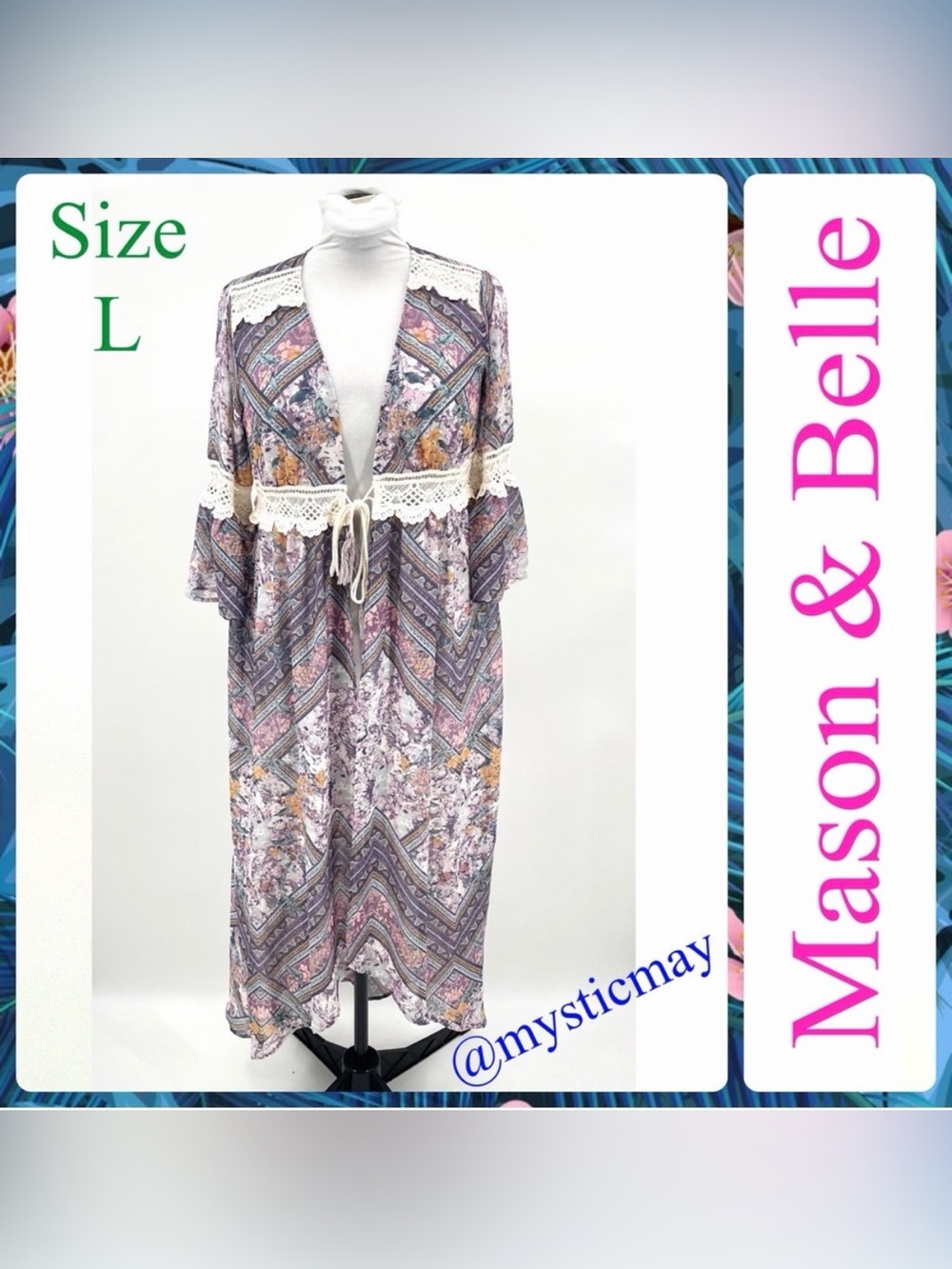MASON & BELLE Purple w Crochet Lace Boho Cottagecore Kimono Festival Duster Sz L